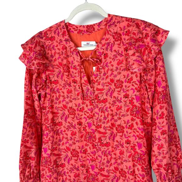 Vineyard Vines NWT Papaya Floral Helenium Tunic Loose Puff Sleeve Silk Dress XS - Picture 6 of 10